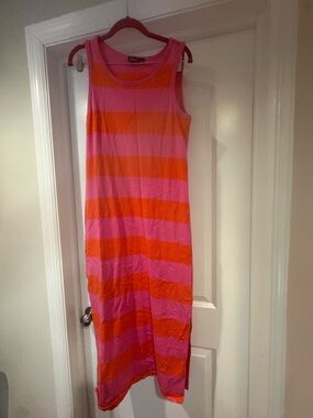 Sleeveless Pink & Orange Striped Maxi Dress - 100% Cotton